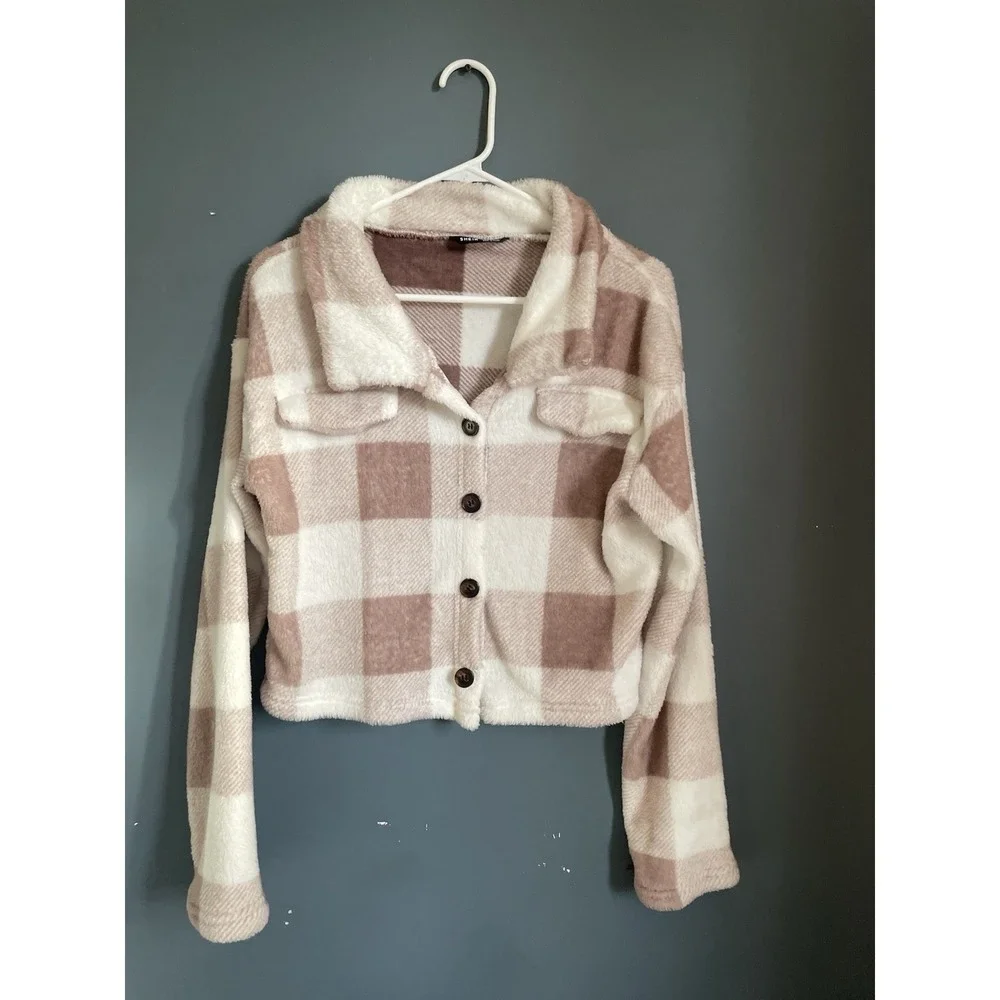 SHEIN Plaid Fuzzy Cropped Jacket Shirt Womens XS Brown White Button Up